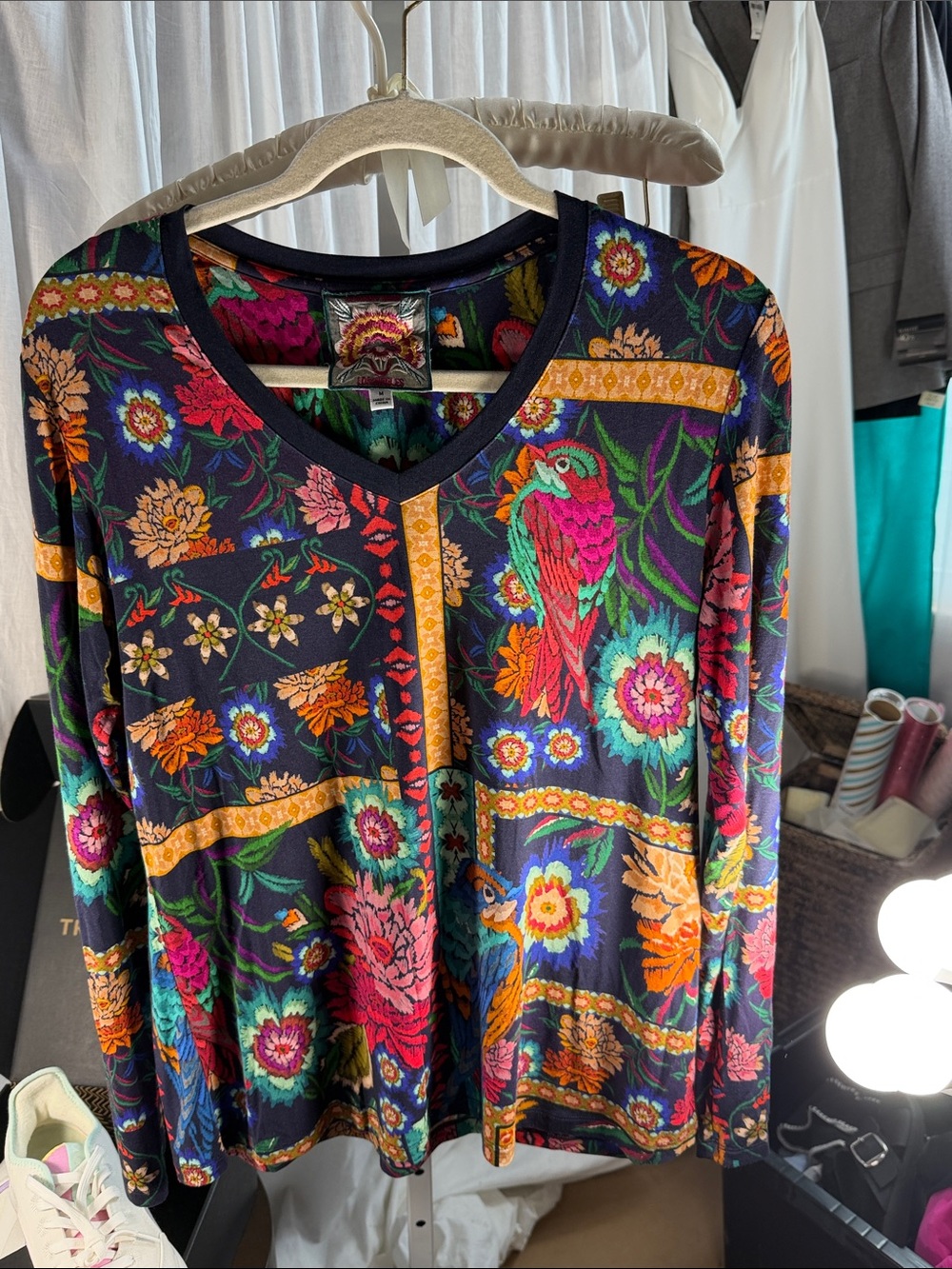 Vibrant Floral & Parrot V-Neck Top - Multicolor